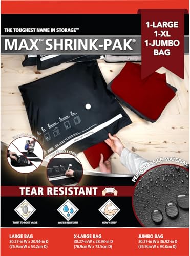 MAX Shrink-Pak Vacuum Seal Storage Bags for Clothing, Travel, Bedding | Tear-Proof, Dual-Valve Space Saver Compression Bags - 1 Large, 1 XL, 1 Jumbo