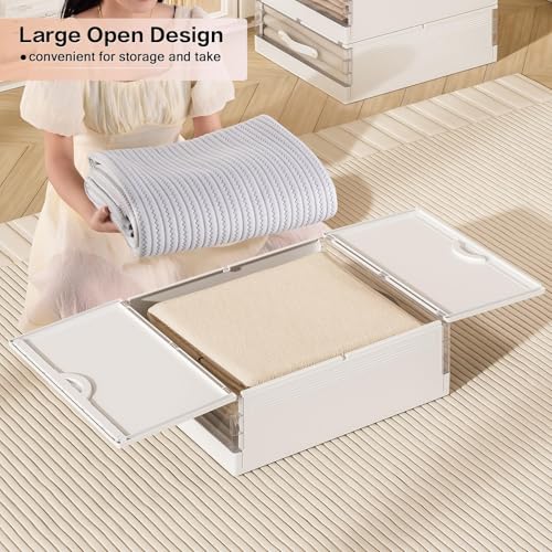 GUDEMAY Bed Sheet Organizers and Storage Plastic, 4 pcs Foldable Closet Organizer with Handle, Bedding Storage Box Container for Blanket, Duvet Cover Set, Bed Sheet Set, White