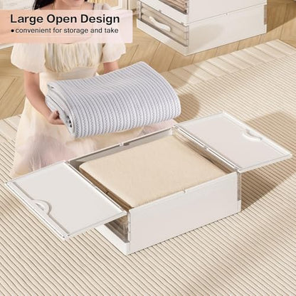 GUDEMAY Bed Sheet Organizers and Storage Plastic, 4 pcs Foldable Closet Organizer with Handle, Bedding Storage Box Container for Blanket, Duvet Cover Set, Bed Sheet Set, White