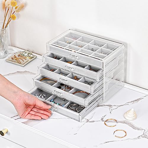 ProCase Earring Holder Organizer Jewelry Box with 5 Drawers, Grey | Acrylic Clear Jewelry Organizers, Stud Earring Storage Box with Adjustable Velvet Trays, Women Girls Christmas Birthday Gifts