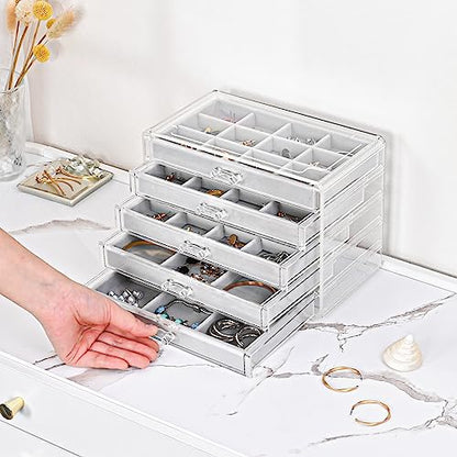 ProCase Earring Holder Organizer Jewelry Box with 5 Drawers, Grey | Acrylic Clear Jewelry Organizers, Stud Earring Storage Box with Adjustable Velvet Trays, Women Girls Christmas Birthday Gifts