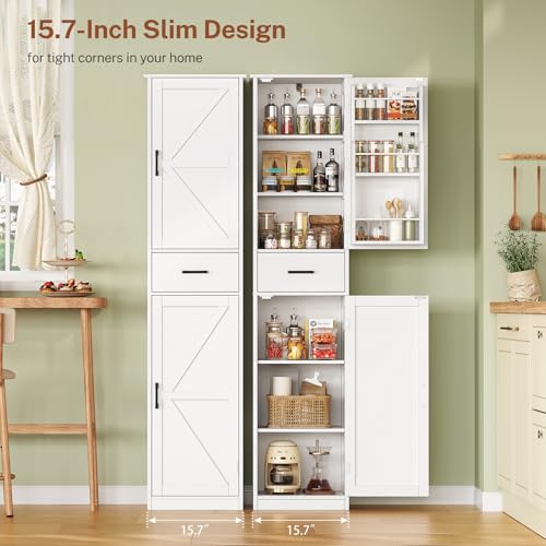 Tall Storage Cabinet with 3 Door Shelves & 1 Drawer, Narrow Kitchen Pantry Cabinet for Living Room, Bathroom, Entryway, White