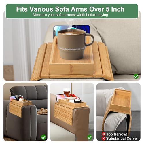 Joy&Grace Couch Arm Tray, 3-in-1 Magnetic Detachable Sofa Arm Table with Phone and Tablet Holder Bamboo Couch Cup Holder, Foldable Sofa Armrest Tray for Eating, Drinks, Phones (Natural)