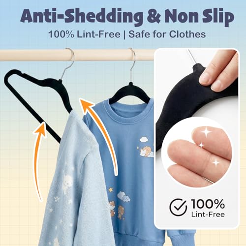 HOUSE DAY 14 Inch Kids Velvet Hangers 50 Pack, Durable Big Kid Hanger Black | Children Hangers for Youth, Teen, Non Slip Kids Felt Hanger, Cute Small Hanger for Closet, Ideal for Everyday Use