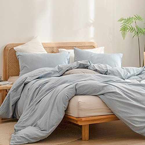 BESTOUCH Cotton Solid Duvet Cover Set Linen Feel Cornflower Blue Queen | Washed Cotton, Linen Feel, Soft Wrinkle Texture, Hidden Zipper, 8 Ties, Breathable Lightweight Durable Comfy, 3Pcs No Insert