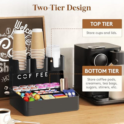 Lifewit 2-tier Coffee Station Organizer Caddy for Countertop, 10 Compartments Coffee Bar Organizers for Cups, Pods, Sugar, Compact Condiment Holders Storage for Office Breakroom Kitchen Home Black