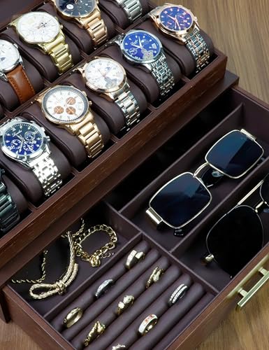 High End Watch Box for Men, 12 Slot Wooden Watch Case With Drawer, Watch Display Box with Glass Lid, 2-Layer Watch Holder for Jewelry and Watch Storage for Men Women , Ideal for Gift (With Gift Box)