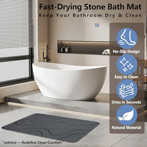 Stone Bath Mat, Quick Dry Shower Mat, Diatomaceous Earth Shower Mat, Non-Slip Hard Surface, Ultra Absorbent Bathroom Floor Mat for Tub, Entry, or Sink – 23.6" x 15.4", Gray (Wave)