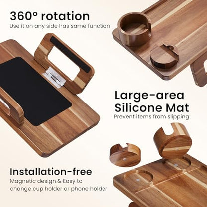3 in 1 Acacia Wood Couch Arm Tray,Couch Tray with Cup Holder and Phone Holder,Folding Sofa Armrest Trays Clip-On Sofas Desk for Drinks,Snacks,Phone,Remote Control