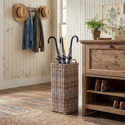 GlikCeil Rattan Umbrella Holder for Entryway 20.5h x 9l x 9w Inch Square Umbrella Stand with Plastic Water Catch, Umbrellas Basket Bucket Fit Walking Cane Tall Umbrellas Storage for Home Office