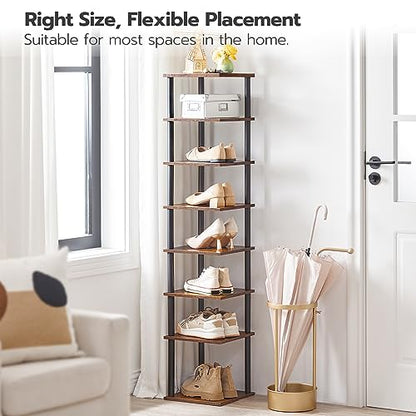 HOOBRO Vertical Shoe Rack, 8-Tier Narrow Shoe Shelf, Shoe Storage Organizer for Small Space, 11" L x 11" W x 53" H, Closet, Entryway, Hallway, Bedroom, Rustic Brown and Black BF22XJ01