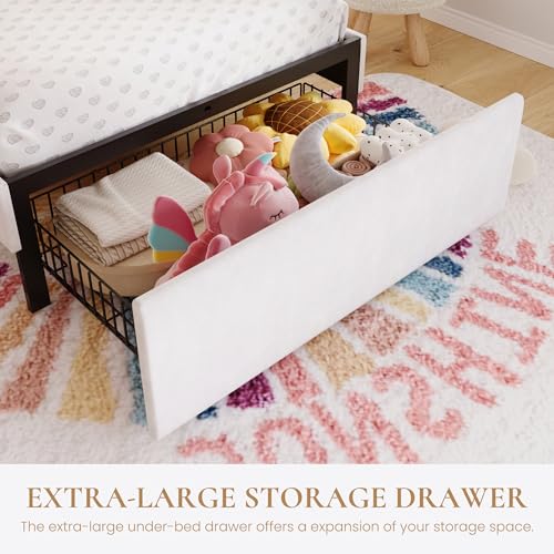 SHA CERLIN Twin Size Bed Frame with LED Lights and Storage Drawer, White