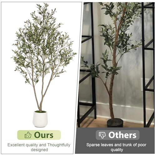 VIVATREES Olive Trees Artificial Indoor, 7FT Tall Faux Olive Tree with White Tall Planter, Artificial Plants with Natural Wood Trunk and Lifelike Fruits for Home Office Decor