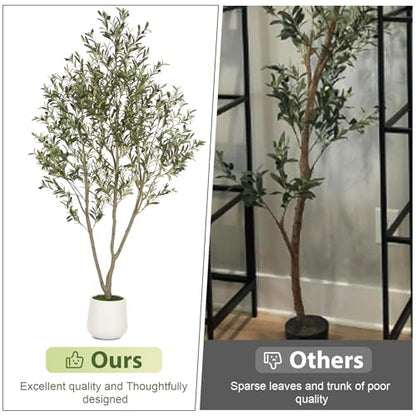 VIVATREES Olive Trees Artificial Indoor, 7FT Tall Faux Olive Tree with White Tall Planter, Artificial Plants with Natural Wood Trunk and Lifelike Fruits for Home Office Decor