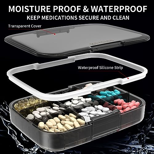 Restree Pill Organizer, Large & Moisture Proof Travel Pill Case, Adjustable Dividers for Daily Vitamins, Supplements, Fish Oil - Portable Medicine Box for Home & On-The-Go, 9 Compartment (Black)