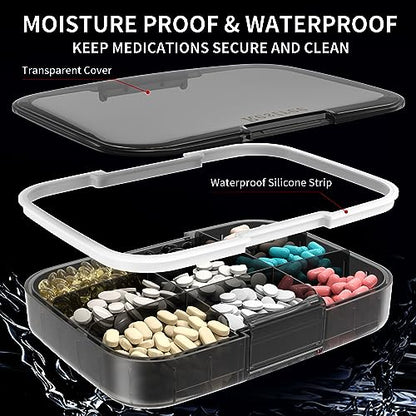 Restree Pill Organizer, Large & Moisture Proof Travel Pill Case, Adjustable Dividers for Daily Vitamins, Supplements, Fish Oil - Portable Medicine Box for Home & On-The-Go, 9 Compartment (Black)