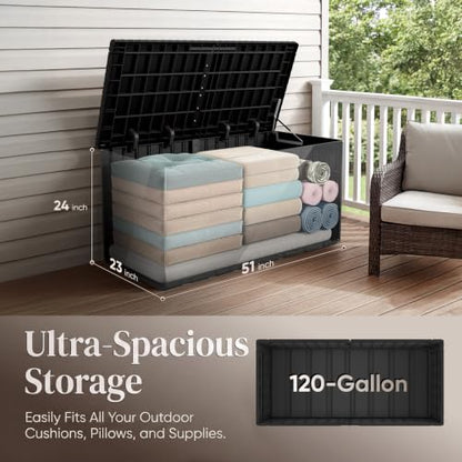 Quictent 120 Gallon Heavy Duty Resin Deck Box, Weatherproof Waterproof Outdoor Storage Bench, UV Resistant Lockable Container for Garden, Pool Supplies, Patio Cushions & Furniture Accessories