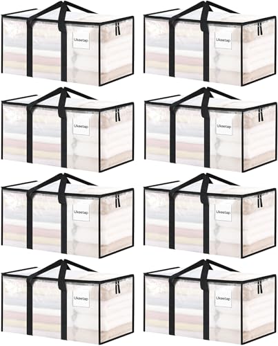 8 Pack Extra Large Clothes Storage Bins with Lids, Storage Bags with Reinforced Handles & Heavy-Duty Zippers, Moving Bags, Moving Boxes Totes for Clothes Packing, Dorms, College Supplies, Clear