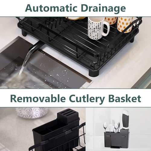 AIDERLY Metal Dish Drying Rack Automatic Drainage, Black, Large | Removable Cutlery Basket, Drainboard & Knife Slots, Dish Drainers, for Kitchen Counter Sink