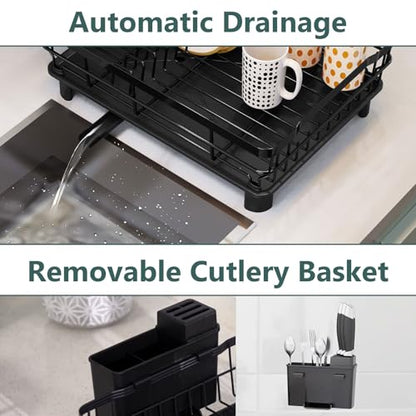 AIDERLY Metal Dish Drying Rack Automatic Drainage, Black, Large | Removable Cutlery Basket, Drainboard & Knife Slots, Dish Drainers, for Kitchen Counter Sink