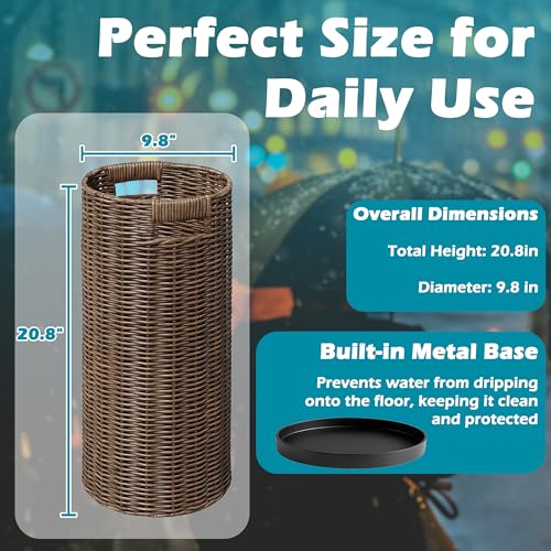 Rattan Umbrella Holder 21"H X 10"D, Handmade Wicker Umbrella Stand Indoor with Dip Tray, Sturdy Umbrella Holders for Entryway, Umbrella Bucket Fits Mudroom,Walking Canes,Home,Office (Brown)