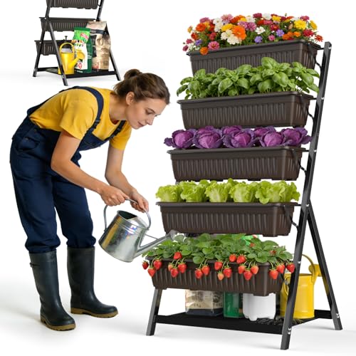 5-Tier Vertical Garden Bed Planter Boxes with Drai... (Brown)