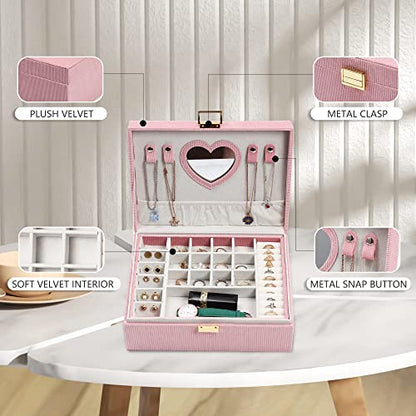 Jewelry Box for Teen Girls Women, 2 Layers Jewelry Organizer with Mirror, Removable Jewelry Tray, Jewelry Storage Case, Gift Idea for Teenagers, Striped Velvet (Pink)