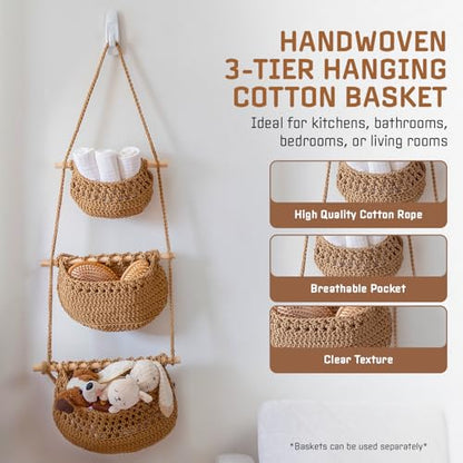 Cotton Hanging Fruit Basket,3 Tier Woven wall Basket, hanging Storage baskets for Kicthen and Bathroom, Macrame wall hanging, Boho Decor Over The Door Decor Organizer, White (Brown)