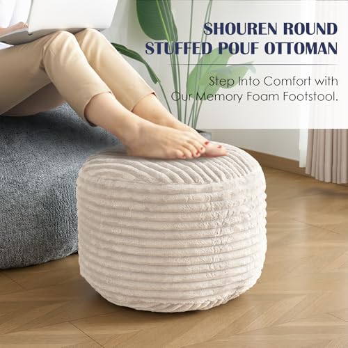 Round Ottoman,Corduroy Pouf Ottoman Foot Rest,Beige,18x14 IN | Storage Ottoman Footstool for Living Room,18x14 Soft Floor Poufs,Memory Foam Filling,Footrest only