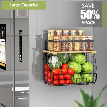 2 Pack Magnetic Shelf for Fridge, Fruit Potato Onion Storage Bins | Magnetic Basket with Lid, Side of Fridge Storage, Produce Basket for Fruits Vegetables Spices, Kitchen Pantry Organizer