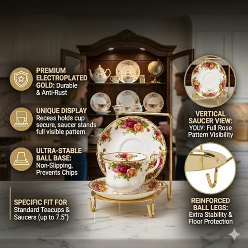 HOHIYA Gold Tea Cup and Saucer Display Stand 6 Cup Holder Rack | Elegant gold tabletop stand displays china cups, saucers, mugs and plates for tea parties, kitchens and coffee bars.