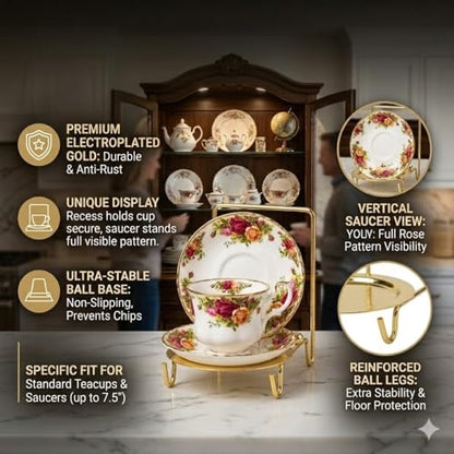 HOHIYA Gold Tea Cup and Saucer Display Stand 6 Cup Holder Rack | Elegant gold tabletop stand displays china cups, saucers, mugs and plates for tea parties, kitchens and coffee bars.