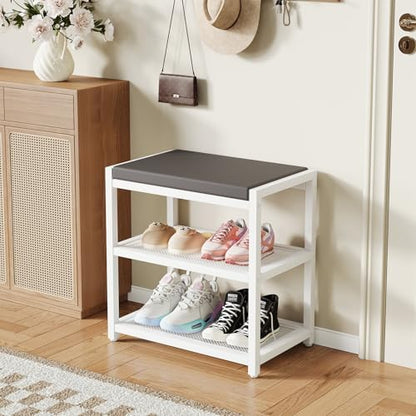 Small Shoe Bench Shoe Rack Storage Bench Entryway Bench Shoe Shelf with Seat Cushion, Stable Shoe Organizer for Entryway, Living Room, Bench Seat Holds Up to 300 lb, (18"L x 12"W x 17"H, White)