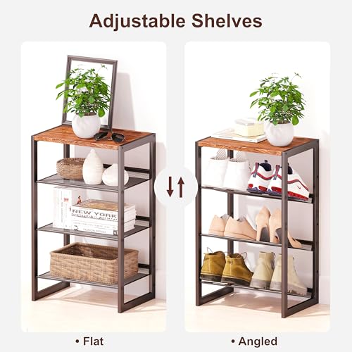 CHEMPFR Narrow 4-Tier Shoe Rack, Slim Space-Saving Shelf with Decorative Wood Top & Steel Mesh, Entryway/Closet/Dorm Organizer, 16.5x11.8x27.9 Inches