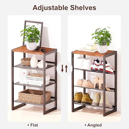 CHEMPFR Narrow 4-Tier Shoe Rack, Slim Space-Saving Shelf with Decorative Wood Top & Steel Mesh, Entryway/Closet/Dorm Organizer, 16.5x11.8x27.9 Inches