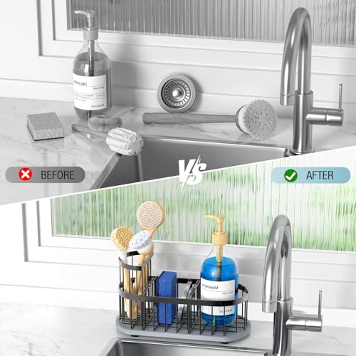 Sponge Holder for Kitchen Sink with High Brush Holder, [Stay-Dry Anywhere & No Drainage Needed] Rustproof Stainless Steel Kitchen Sink Caddy Organizer with Water Absorbing Stone Tray, Black