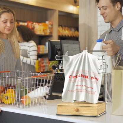 Plastic Bag Holder Chrome T-Shirt Bag Rack with Wooden Brown Base Plastic Bag Organizer for Grocery Store Kitchen Pantry Supermarket Restaurant Business