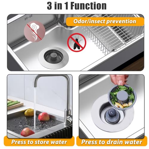 Anlige Kitchen Sink Drain Strainer, 3 in 1 Pop Up Kitchen Sink Stopper, with An Extra Basket Strainer, Universal for US Standard 3-1/2 Inch, Chrome Silver