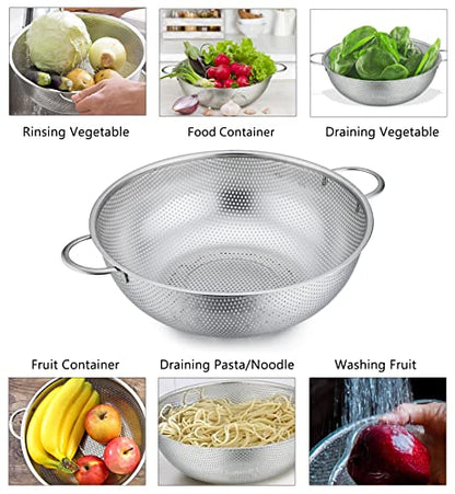 P&P CHEF Colander Set of 3, 1/3/5 Qt, Stainless Steel Colanders Strainers | Metal Micro-Perforated Colanders and Strainers for Draining Rinsing Washing, Ideal for Pasta Fruits, Dishwasher Safe