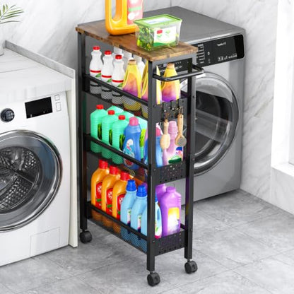 Vivihomety 4-Tier Slim Utility Rolling Laundry Cart with Wheels, Metal | Narrow 7.1" wide, Lockable wheels, wood top panel, metal frame, with handle, for laundry, bathroom, kitchen, black