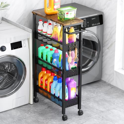 4-Tier Slim Utility Rolling Laundry Cart with Whee... (Black | Metal)