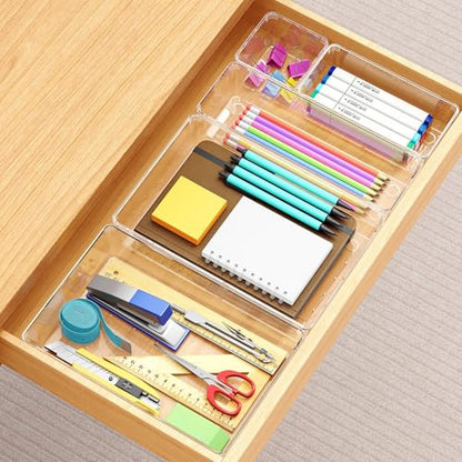 Manalete Drawer Organizers Set of 65, 4 Sizes Clear Plastic Drawer Organizers and Storage Bins for Kitchen, Bathroom, Office, Dresser Desk Drawer Organizer Tray for Jewelry, Makeup, Junk, Gadgets