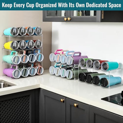 Acrylic Water Bottle Organizer, Hold Stanley 40 OZ Cup & Large Bottles & Tumblers w/Handle - Stackable Clear Bottle Holder Rack for Home Kitchen Pantry Shelf Countertop Cabinet, 4 Tier Hold 16