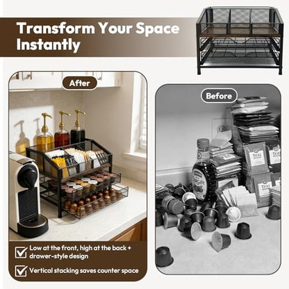 Coffee Bar Organizer with 3 Syrup Pumps, 3-Tier Coffee Station Organizer for Countertop, Rustic Wood & Metal Holder for K Cup, Storage for Coffee Pods, Syrup Bottles, Tea Bags, Cups & Stirrer