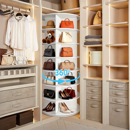RUNSUNSPRI 7 Tier Rotating Shoe Rack Corner Organizer 360°Rotating Shoe Rack Tower Spinning Shoe Rack Tower for Bedroom Entryway Closet Holds 28-32 Pairs of Shoes Handbags Hats Display Decor