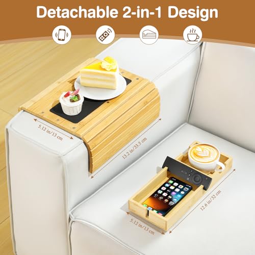 Luxspire Couch Armrest Table, 2-in-1 Magnetic, Detachable, Burlywood | Sofa Arm Tray with Cup Holder and Phone Holder, Foldable Bamboo Couch Cup Holder for Remote Controls, Phones, Snacks, Cups