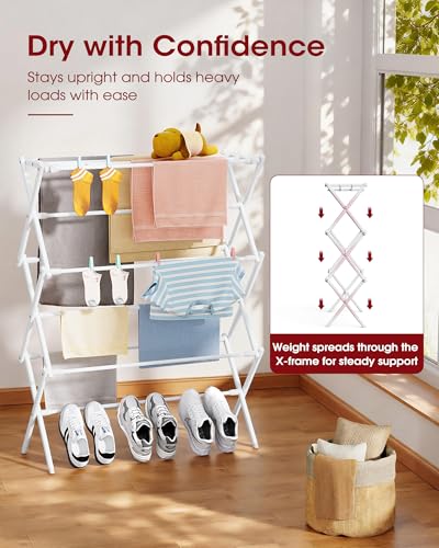 Sakugi Foldable 3-Tier Clothes Drying Rack 37.4" H with Non-Slip Feet | Indoor & Outdoor Use, Space Saving, Metal Frame, 11.4" D x 29.1" W, White