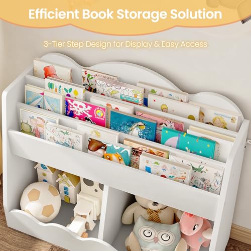 Kids Bookshelf and Toy Storage, Children's Bookcase with 2 Toy Cubes, Toddler Book Shelf for Kids Room, Wooden Book Organizer, for Playroom, Nursery, Living Room, White MCW15WB