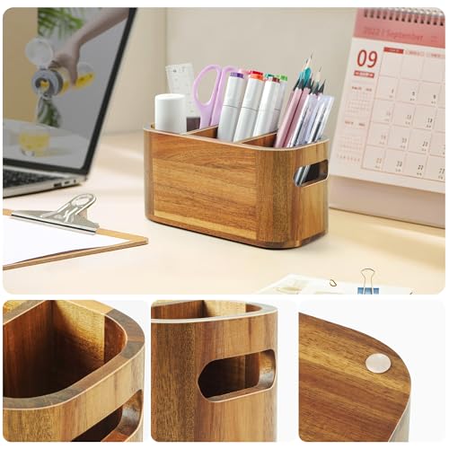 Acacia Pencil Pen Holder for Desk, Wooden Office Organizer with 3 Slots for Countertop, Makeup Brush Holder Remote Control Organizer for School Home Supplies
