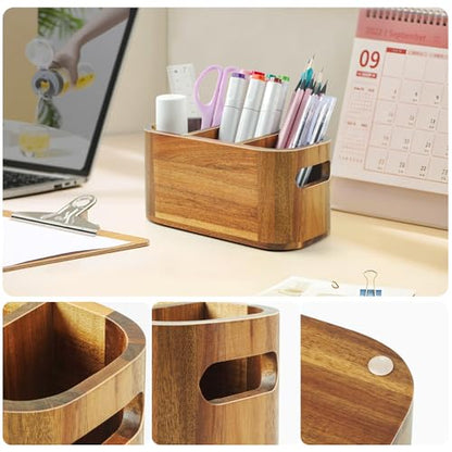 Acacia Pencil Pen Holder for Desk, Wooden Office Organizer with 3 Slots for Countertop, Makeup Brush Holder Remote Control Organizer for School Home Supplies